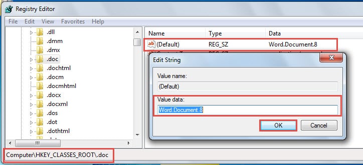 Ensure the Default Value Data for .doc Files