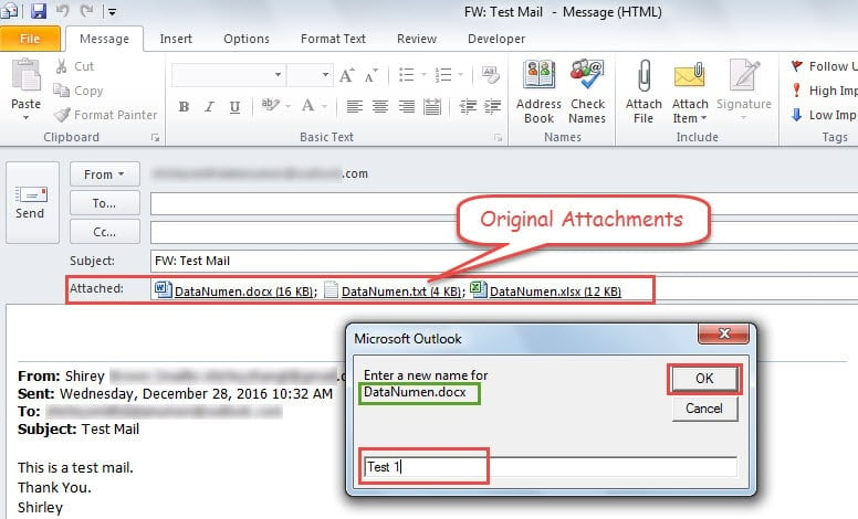 Enter New Names for the Attachments in Forwarding Email