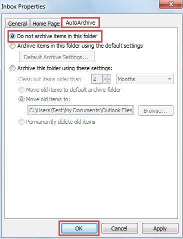 Do Not Auto Archive Items in Specific Outlook Folders