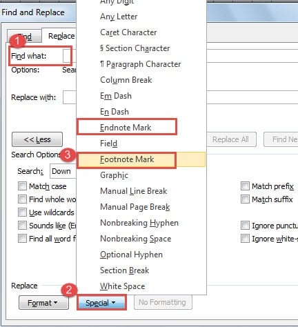 Place Cursor->Click "Special"->Click "Endnote Mark" or "Footnote Mark"