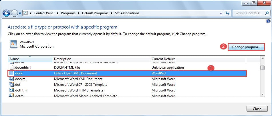 Select .docx File ->Click "Change program..."