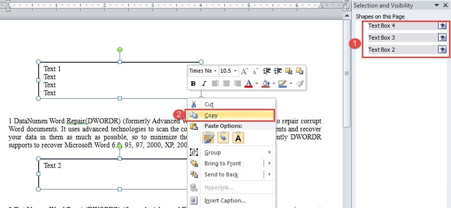 Select All Text Boxes ->Right Click on One of the Box Line ->Choose "Copy"