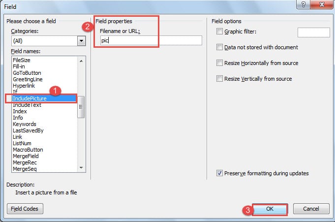 Select "IncludePicture" ->Enter Field Property ->Click "OK"