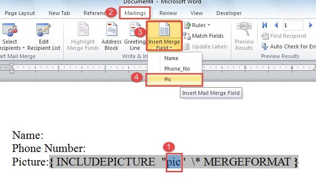 Select pic ->Click "Mailings" ->Click "Insert Merge Field" ->Choose the Right Field