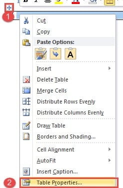 Select Table ->Choose "Table Properties"