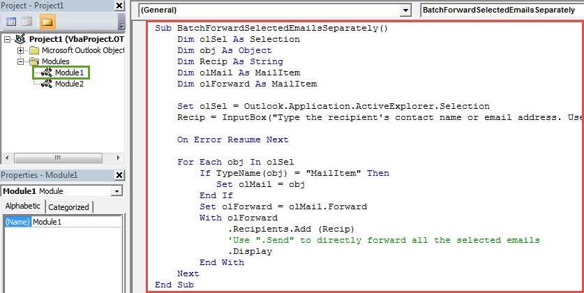 VBA Codes - Batch Forward Selected Emails Separately