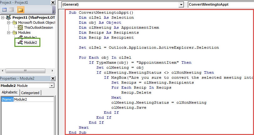 VBA Codes - Convert a Meeting into an Appointment