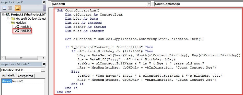 VBA Codes - Count a Specific Outlook Contact’s Age