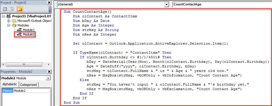 VBA Codes - Count a Specific Outlook Contact’s Age