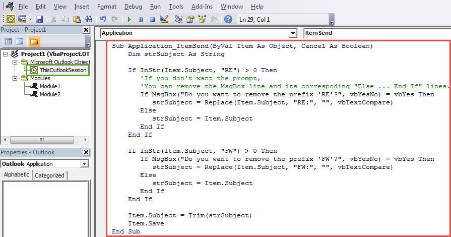 VBA Codes - Auto Remove the Prefix “RE” or “FW” in Subject when Replying or Forwarding Emails