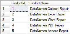 Final Records in the Table “DataNumen Products”