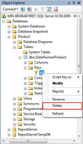 Delete the Primary Key Constraint “pk” via GUI