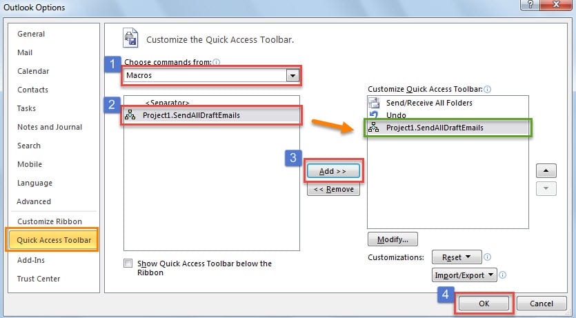 Add SendAllDraftEmails Macro to Quick Access Toolbar