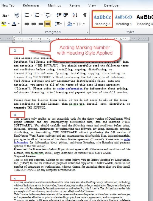 Adding Marking Number with Heading Style Applied