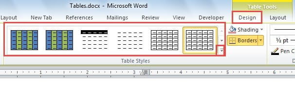 Click "Design"->Choose a Table Style