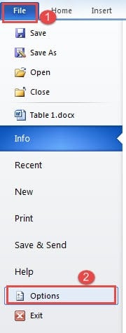 Click "File"->Click "Options"