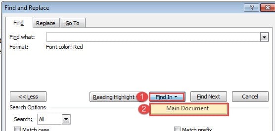 Click "Find In"->Choose "Main Document"