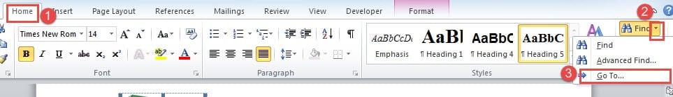 Click "Home"->Click the Button behind "Find"->Choose "Go To"