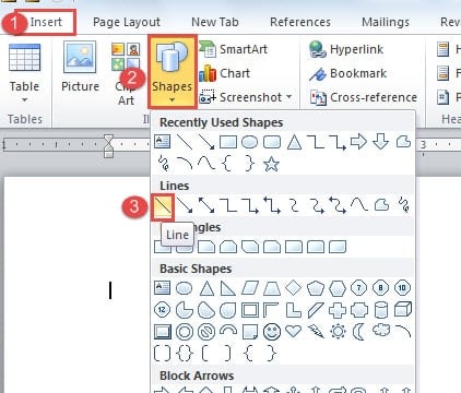 Click "Insert"->Click "Shapes"->Click "Line"