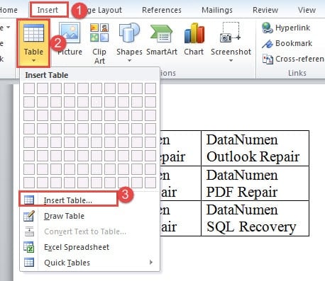 Click "Insert"->Click "Table"->Choose "Insert Table"