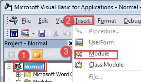 Click "Normal"->Click "Insert"->Click "Module"