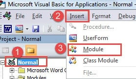 Click "Normal"->Click "Insert"->Choose "Module"