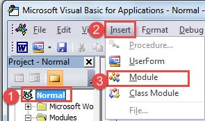 Click "Normal"->Click "Insert"->Choose "Module"