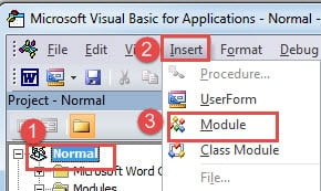 Click "Normal"->Click "Insert"->Click "Module"