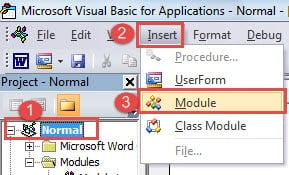 Click "Normal"->Click "Insert"->Click "Module"
