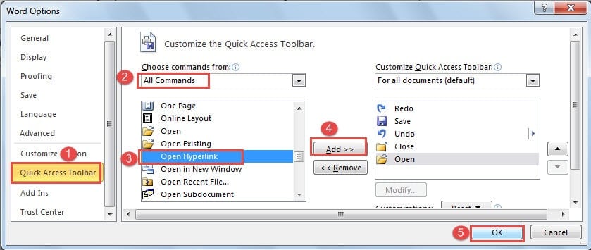 Click "Quick Access Toolbar"->Choose "All Commands"->Find and Select "Open Hyperlink"->Click "Add"->Click "OK"