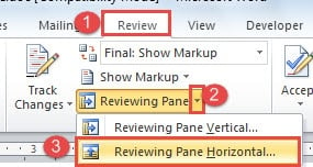 Click "Review"->Click the Upside down Triangle Button->Click "Reviewing Pane Horizontal"