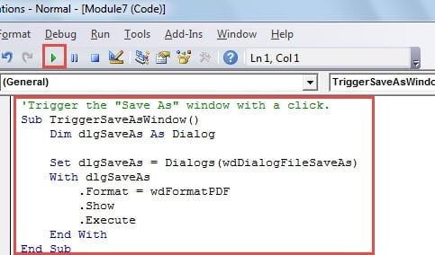 Paste TriggerSaveAsWindow Macro->Click "Run"