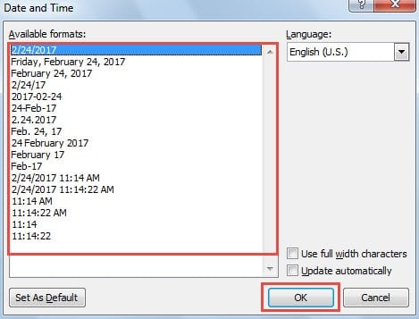 Select Format for Date and Time