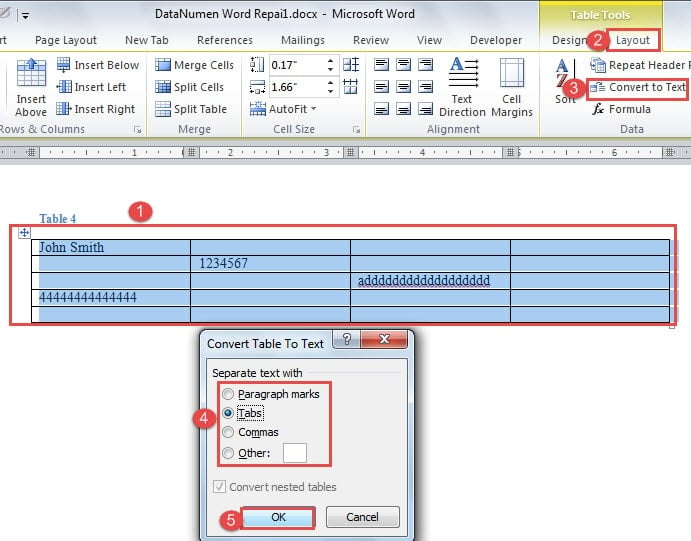 Select Table->Click "Layout"->Click "Convert to Text"->Choose Separator->Click "OK"