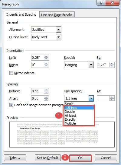 Set Line Spacing->Click "OK"