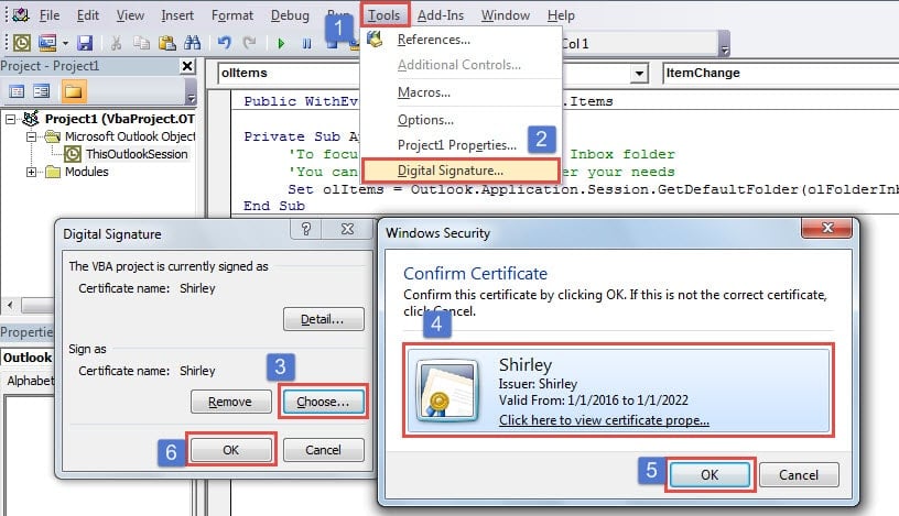 Sign the ThisOutlookSession VBA Project