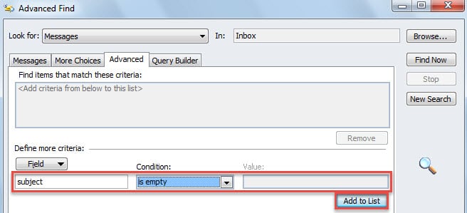 Search Criteria: Subject is empty