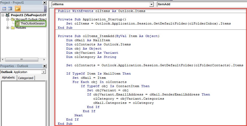 VBA Codes - Auto Categorize the New Incoming Emails Based on the Senders’ Contact Categories