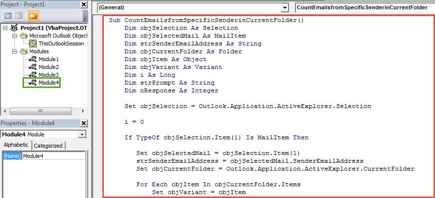 VBA Codes - Quickly Get the Number of the Emails from a Specific Sender in a Certain Outlook Mail Folder