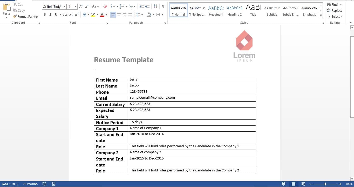 Sample Resume Template