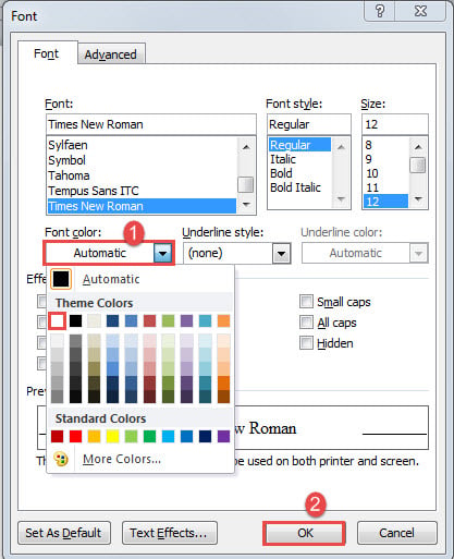 Choose Font color->Click "OK"