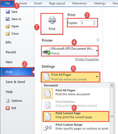 Click "File"->Click "Print"->Enter Copy number->Choose Printer->Select "Print Current Page"->Click "Print"