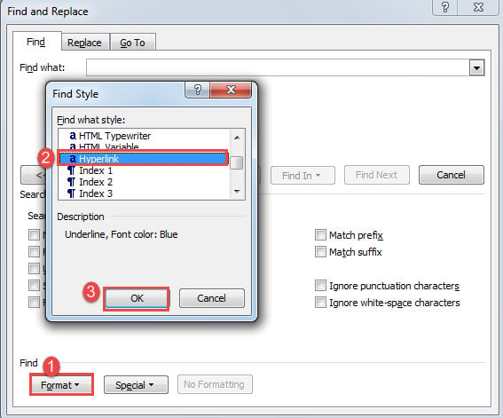 Click "Format"->Choose "Style"->Choose "Hyperlink"->Click "OK"