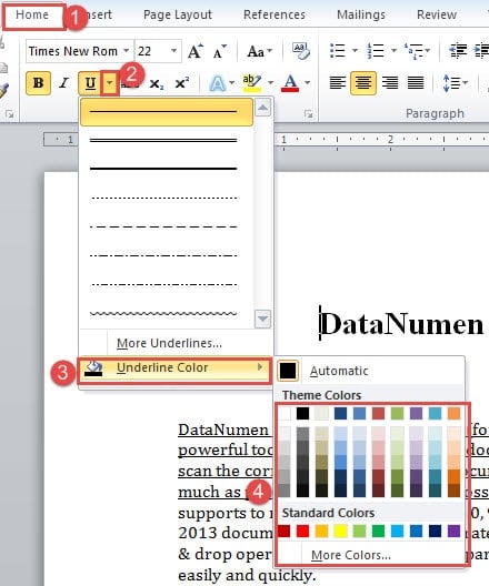 Click "Home"->the upside down Button->Choose a Color on the Extended Menu of "Underline Color"