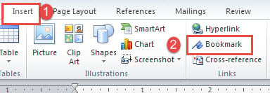 Click "Insert"->Click "Bookmark"