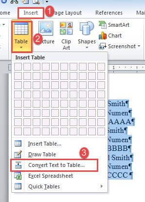 Click "Insert"->Click "Table"->Choose "Convert Text to Table"