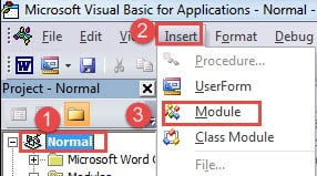 Click "Normal"->Click "Insert"->Choose "Module"