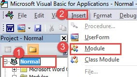 Click "Normal"->Click "Insert"->Choose "Module"