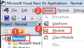 Click"Normal"->Click "Insert"->Click "Module"