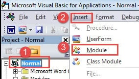 Click "Normal"->Click "Insert"->Click "Module"